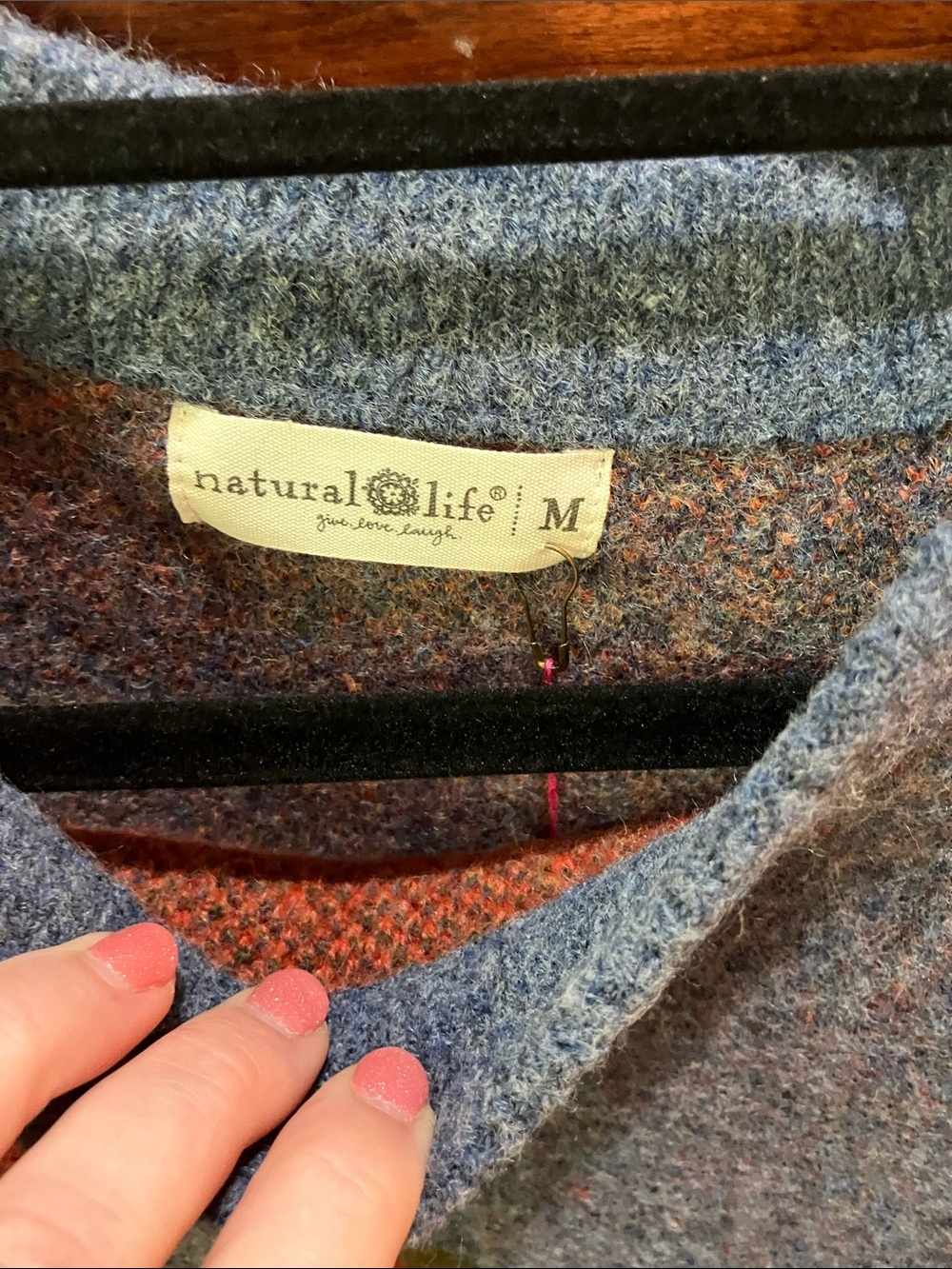 NATURAL LIFE Heather Blue Crewneck Sweater with Orange Floral Accents. Size M. - Picture 3 of 6
